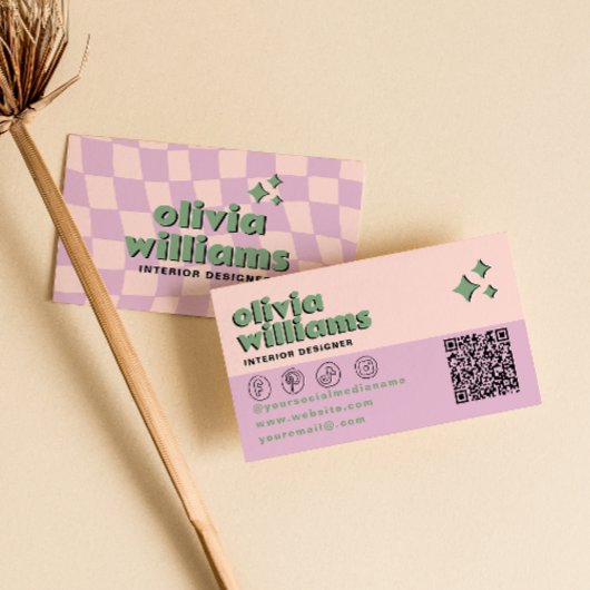 Retro Pink Grüner QR-Code Groovy Karierter Trend Visitenkarte