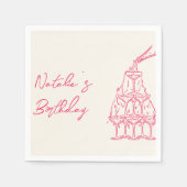 Retro Pink Hand Drawn Champagner Tower Fun Geburts Serviette (Vorderseite)
