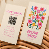 Retro Pink Hand Drawn geschrieben QR Code Floral G Visitenkarte