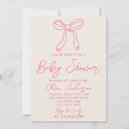 Retro Pink Hand geschrieben Heart Bow Baby Girl Du Einladung (Vorderseite)