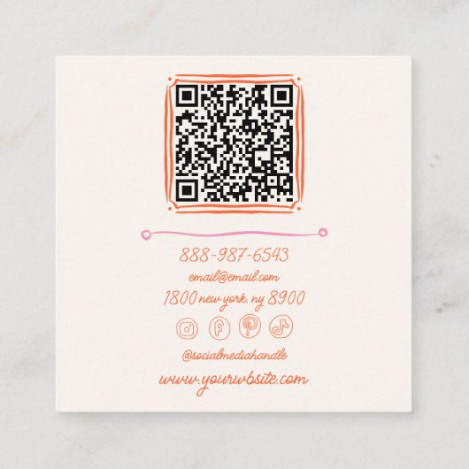 Retro Pink Hand Gezeichnet Groovy Girly QR Code Quadratische Visitenkarte (Rückseite)