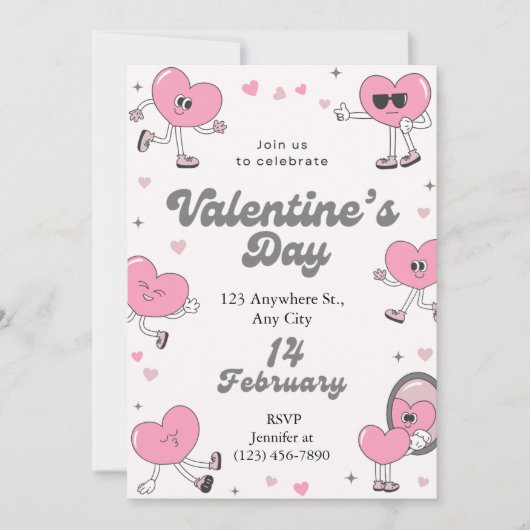 Retro Pink Heart Valentine's Day Party Feiertagskarte (Vorderseite)