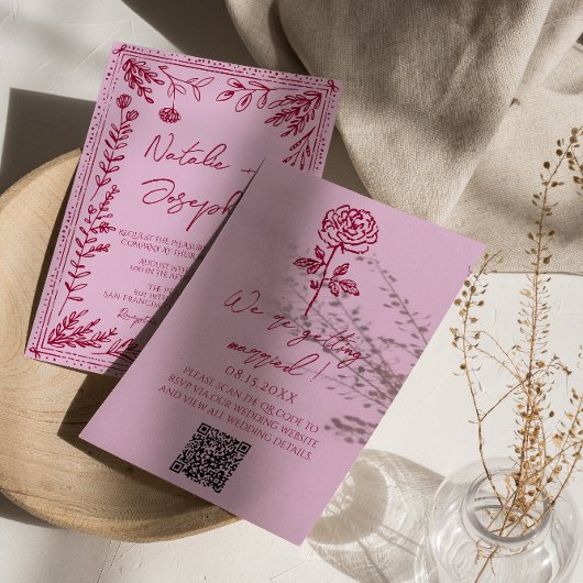 Retro Pink Himbeer-QR-Code gezeichnete florale Hoc Einladung