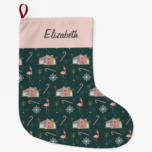 Retro Pink House Palm Tree Large Großer Weihnachtsstrumpf (Vorderseite)