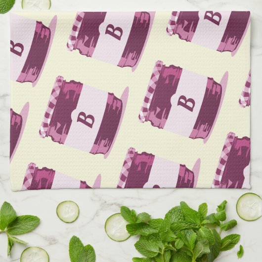 Retro Pink Jelly Jar Canning Pattern mit Monogramm Geschirrtuch (Gefaltet)