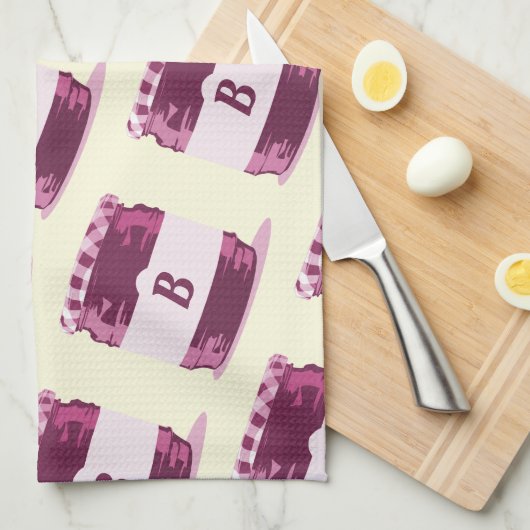 Retro Pink Jelly Jar Canning Pattern mit Monogramm Geschirrtuch (Viertel Falte)