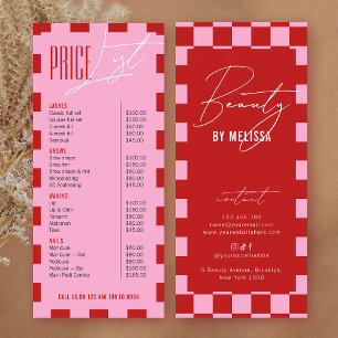 Retro Pink Karo-Frisur-Make-up-Salon-Preisliste Werbekarte