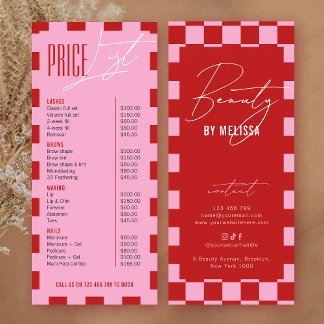 Retro Pink Karo-Frisur-Make-up-Salon-Preisliste Werbekarte