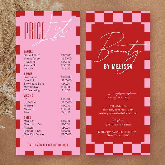 Retro Pink Karo-Frisur-Make-up-Salon-Preisliste Werbekarte