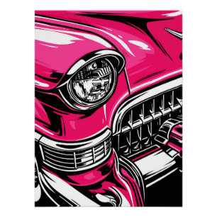 Retro Pink Klassiker Auto Front Pop Art Illustrati Poster
