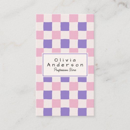 Retro Pink Lila Checked Trendy Boho QR Code Visitenkarte (Vorderseite)