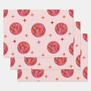 Retro Pink Lila Orange Disco-Kugeln mit Sternen Geschenkpapier Set