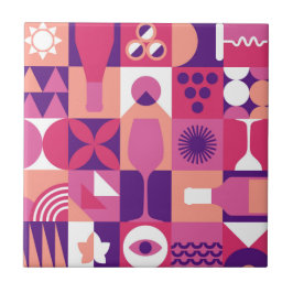 Retro Pink Lila Wine Bauhaus Muster Fliese