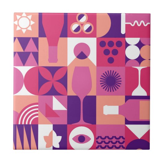 Retro Pink Lila Wine Bauhaus Muster Fliese (Vorderseite)