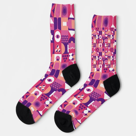 Retro Pink Lila Wine Bauhaus Muster Socken (Linkes Detail)