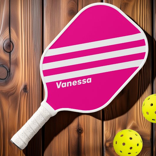 Retro Pink Lollipop Drei Streifen mit Namen Pickleball Schläger