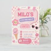 Retro Pink Mädchen Geburtstag Einladung (Stehend Vorderseite)