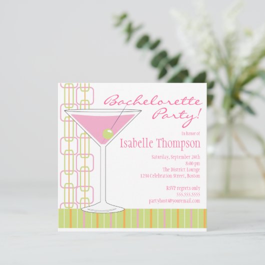 Retro Pink Martini Junggeselinnen-Abschied Einladu Einladung (Stehend Vorderseite)