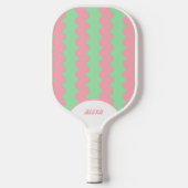 Retro Pink & Mint Green 70er/90er Streifen & Squig Pickleball Schläger (Vorderseite)