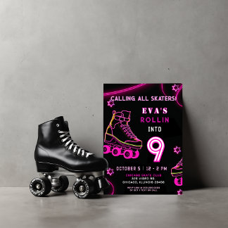 Retro Pink Neon Glow Roller Skate Geburtstag Einladung