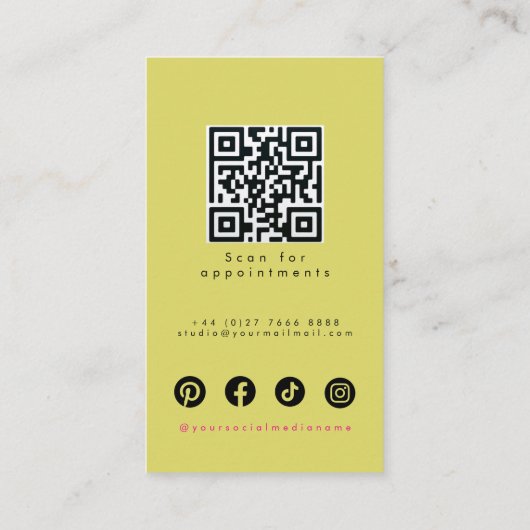 Retro Pink Olive Green Hair Styling Flat Design QR Visitenkarte (Rückseite)