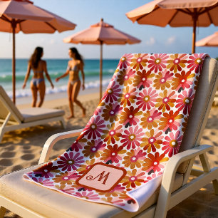 Retro-Pink-Orange-Blumenmonogramm Vintage Strandtuch