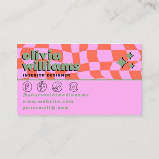 Retro Pink Orange Boho Groovy Checkered Unique Visitenkarte (Rückseite)