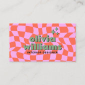Retro Pink Orange Boho Groovy Checkered Unique Visitenkarte (Vorderseite)