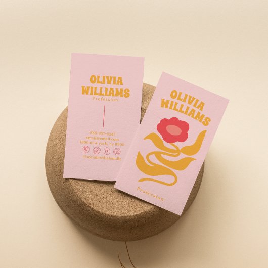 Retro Pink Orange Boho Groovy Floral Girly Trendy Visitenkarte