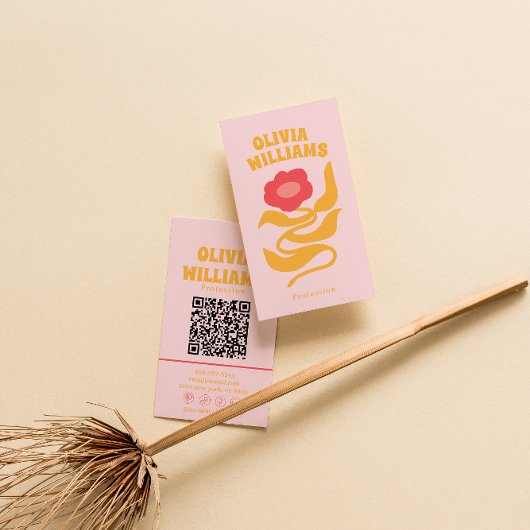 Retro Pink Orange Boho QR-Code Groovy Floral Weibl Visitenkarte