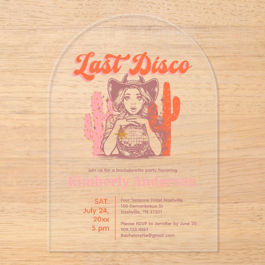 Retro Pink Orange Cowgirl Last Disco Nash Bash Acryleinladungen (Vorderseite)