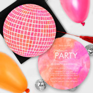 Retro Pink Orange Disco-Kugel Abschlussfeier Einladung