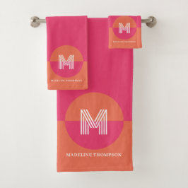 Retro Pink Orange Geometric Modern Monogram Badhandtuch Set