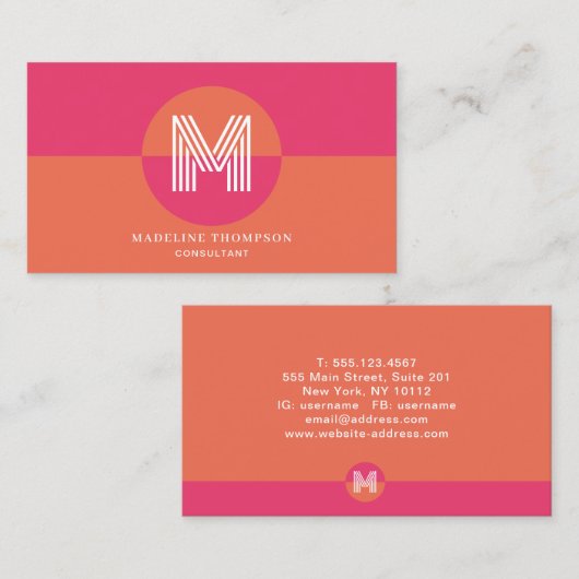 Retro Pink Orange Geometric Modern Monogram Visitenkarte (Vorne/Hinten)