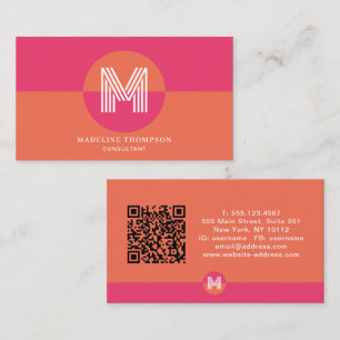 Retro Pink Orange geometrisches Monogramm QR-Code Visitenkarte