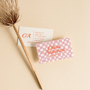 Retro Pink Orange Gezeichnet karierte Groovy Girly Visitenkarte