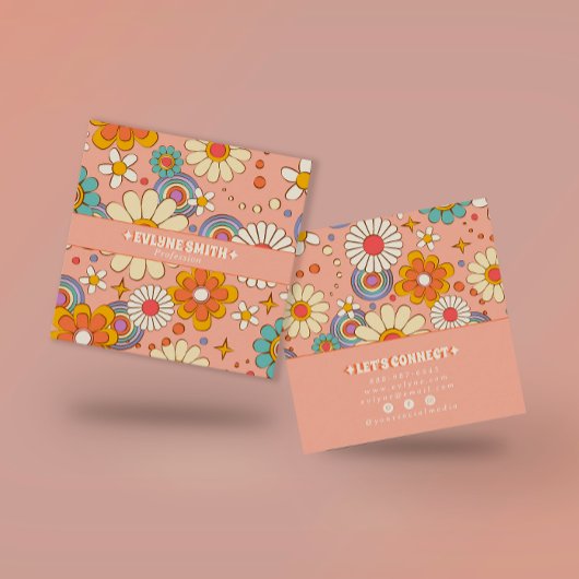 Retro Pink Orange Groovy Floral Boho Girly Trendy Quadratische Visitenkarte