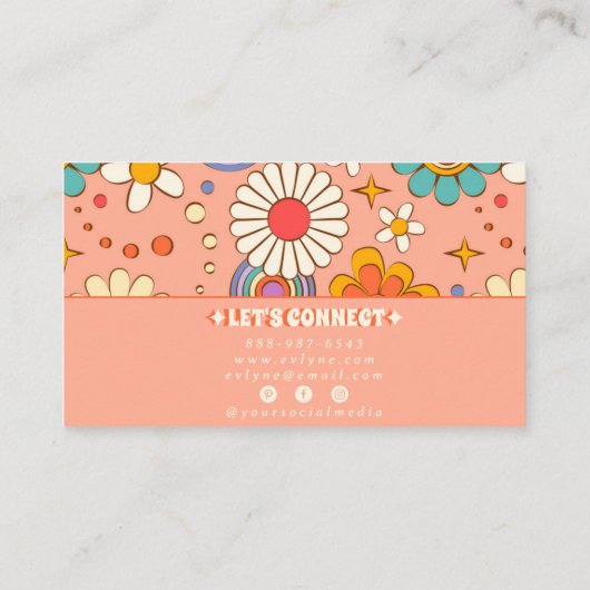 Retro Pink Orange Groovy Floral Boho Girly Trendy Visitenkarte (Rückseite)