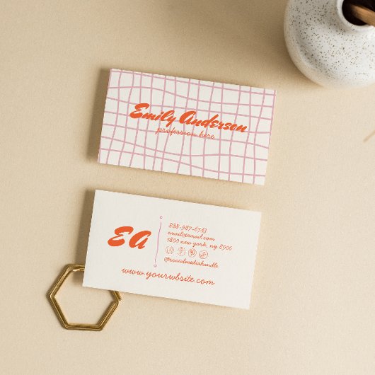 Retro Pink Orange Hand Gezeichnet Groovy Girly Visitenkarte