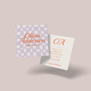 Retro Pink Orange Handgezeichnet Kariert Groovy Mä Quadratische Visitenkarte