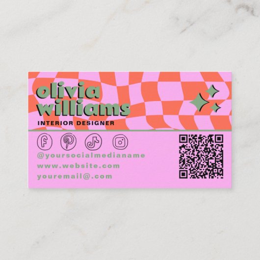 Retro Pink Orange QR Code Groovy Checkered Unique Visitenkarte (Rückseite)