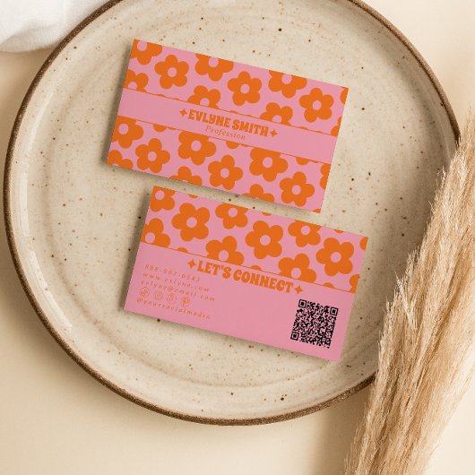 Retro Pink Orange QR Code Groovy Floral Boho Girly Visitenkarte
