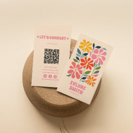 Retro Pink Orange QR Code Groovy Floral Girly Boho Visitenkarte