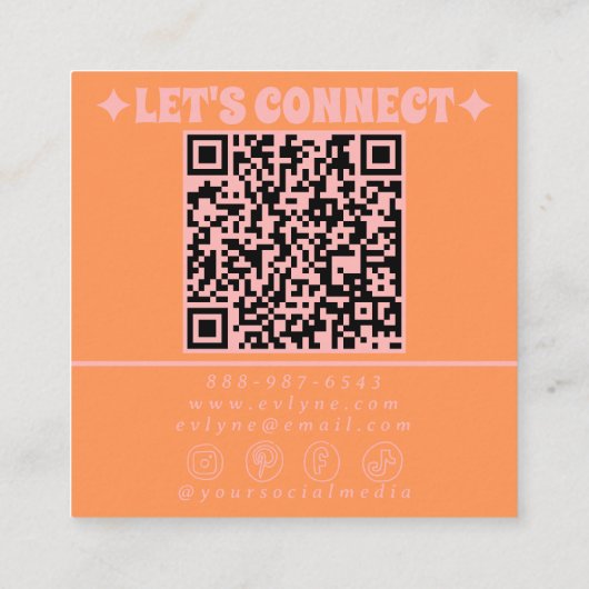 Retro Pink Orange QR Code Groovy Floral Girly Quadratische Visitenkarte (Rückseite)