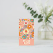 Retro Pink Orange QR Code Groovy Floral Trendy Visitenkarte (Stehend Vorderseite)