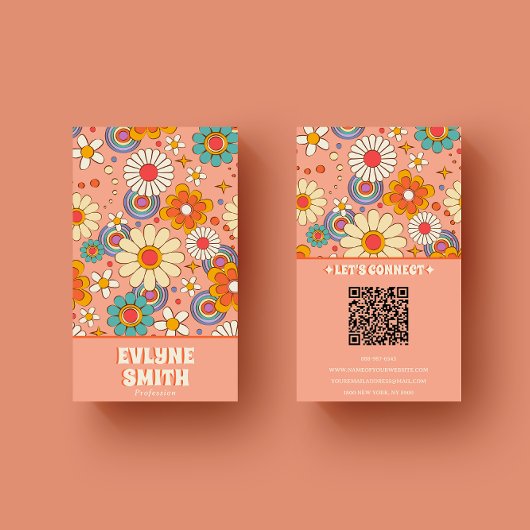 Retro Pink Orange QR Code Groovy Floral Trendy Visitenkarte