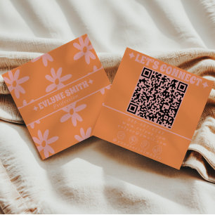 Retro Pink Orange QR-Code Groovy Floral Weiblich  Quadratische Visitenkarte