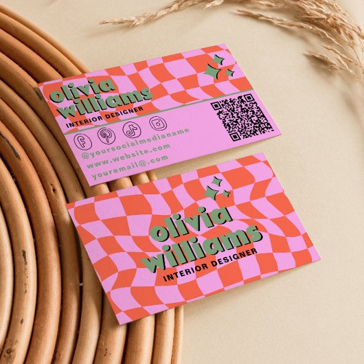 Retro Pink Orange QR-Code Groovy Kariert Einzigart Visitenkarte
