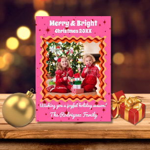 Retro Pink Orange Rot 70er Merry & Bright Weihnach Feiertagskarte