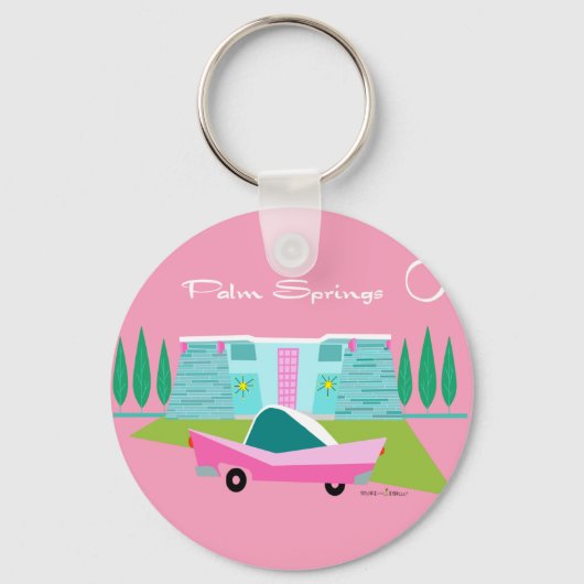 Retro Pink Palm Springs Button Schlüsselanhänger (Vorderseite)